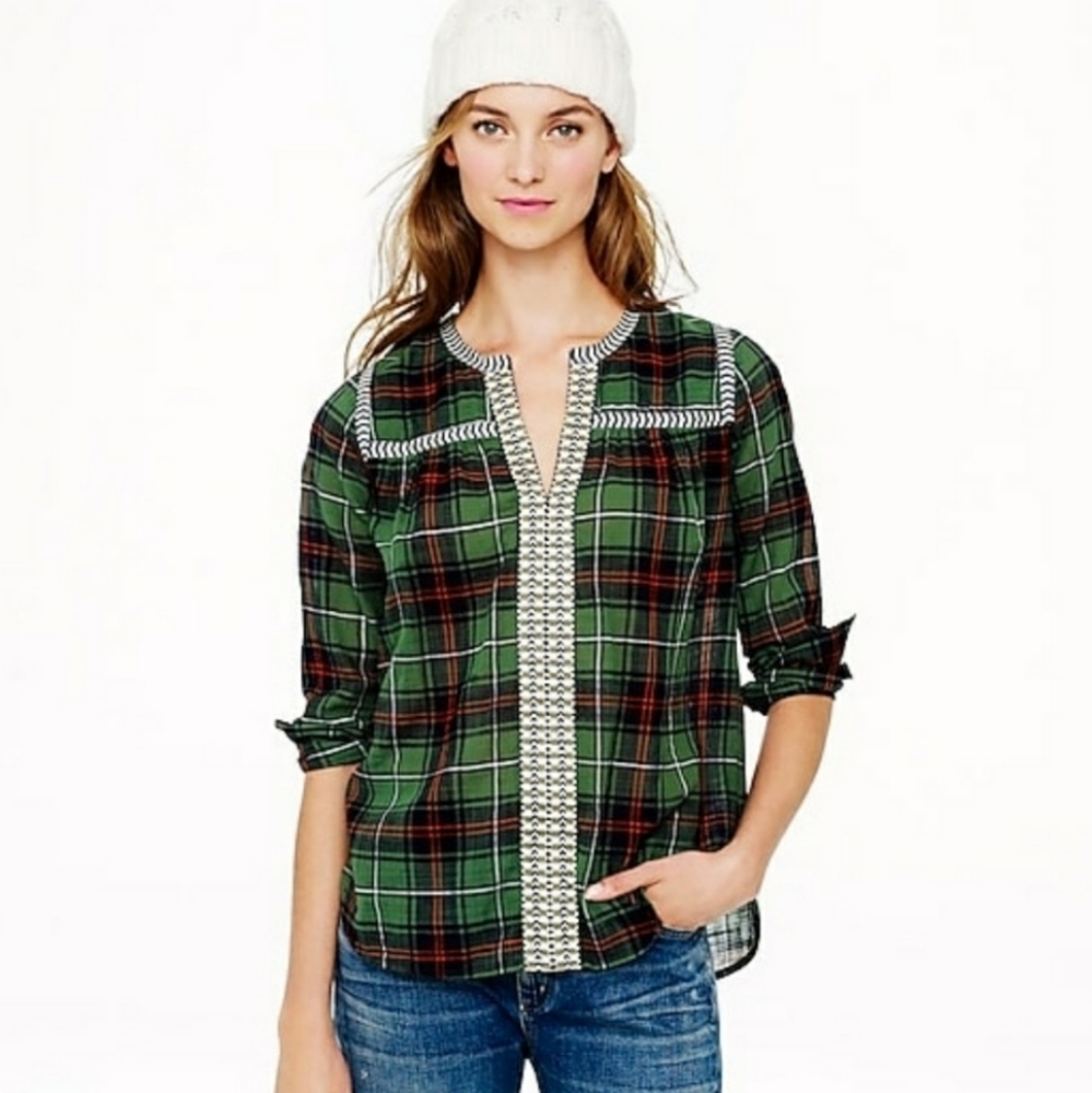 J. Crew Green Embroidered Peasant Top in Tartan Plaid, Size 2